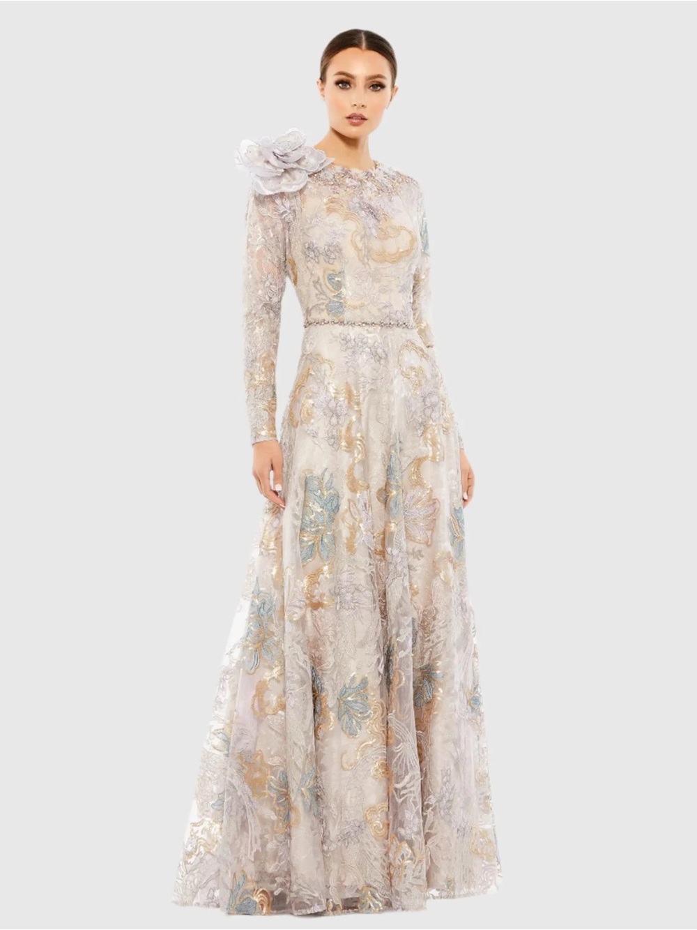 Mac Duggal 79374 Beige Embellished Long Sleeve High Neck Rose Applique Gown Sz 8